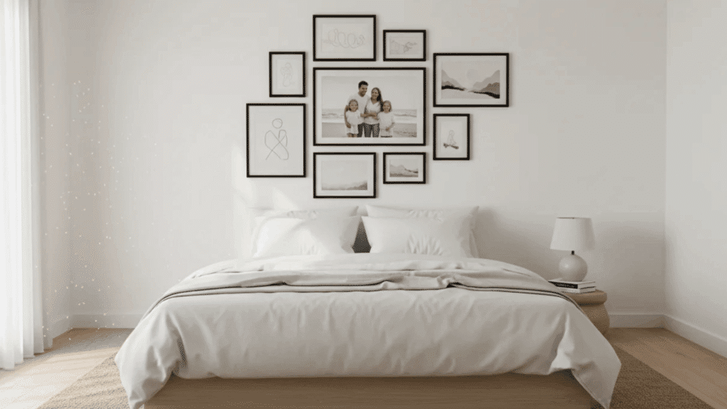 minimal white bedroom with gallery wall above bed soft bedding and side table with lamp natural light
