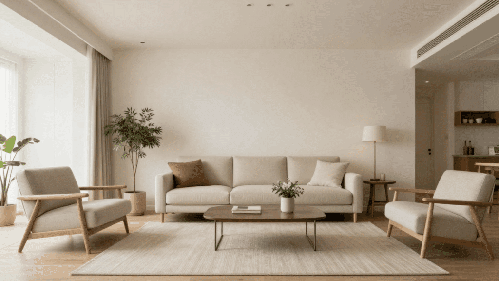 minimalist neutral living room with sofa chairs plants reflecting principles of interior design