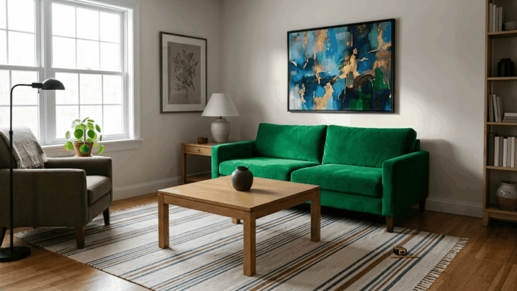 minimalist room with green sofa wood table and art showing principles of interior design contrast