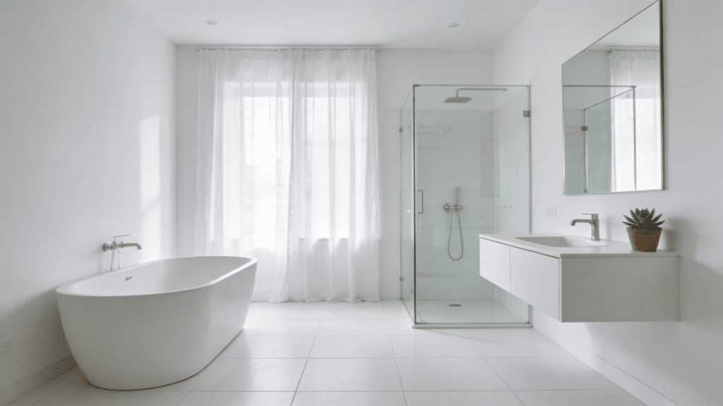 minimalist white bathroom design with freestanding tub glass shower and clean vanity