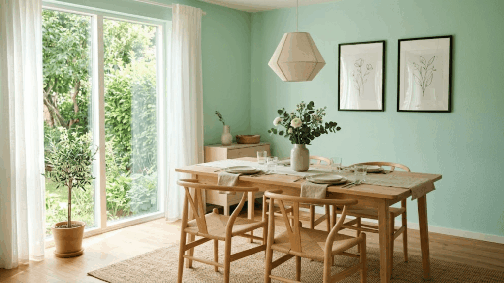 mint green dining room with simple furniture bright light and clean decor creating a fresh airy look