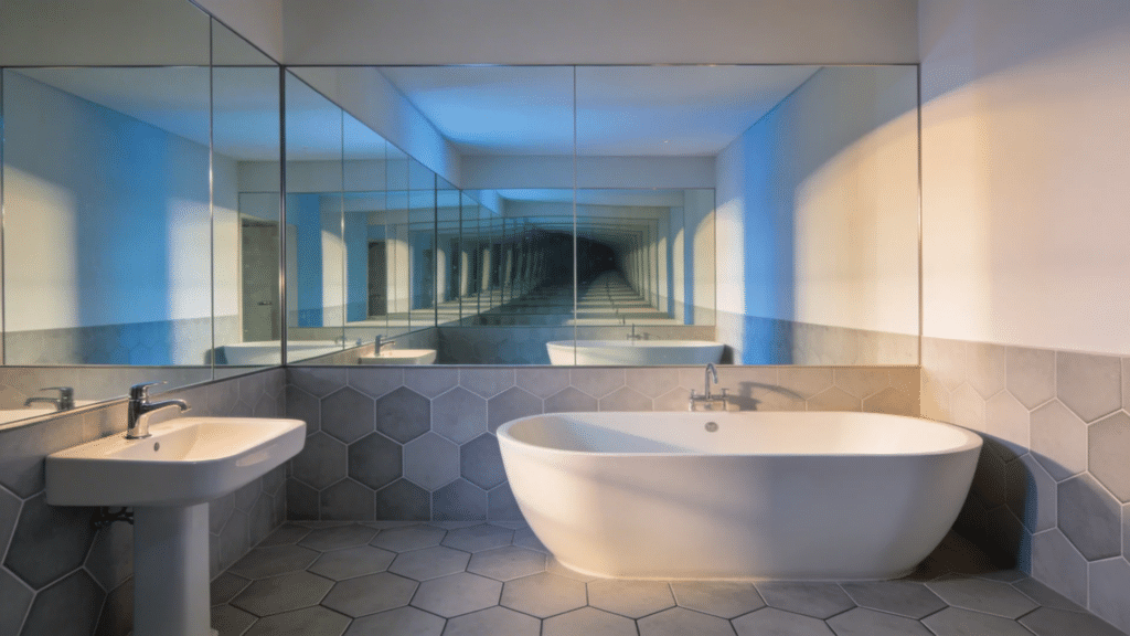 mirror focused illusion bathroom with large reflective wall creating depth and extended visual space