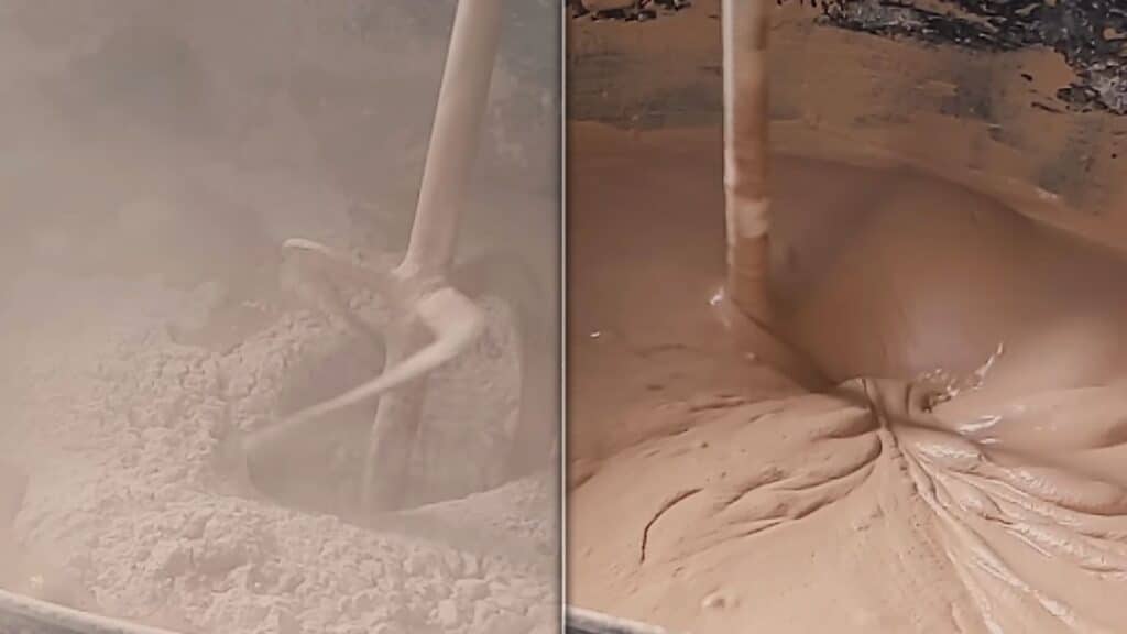 mixing plaster with water to smooth creamy consistency showing proper preparation before wall application
