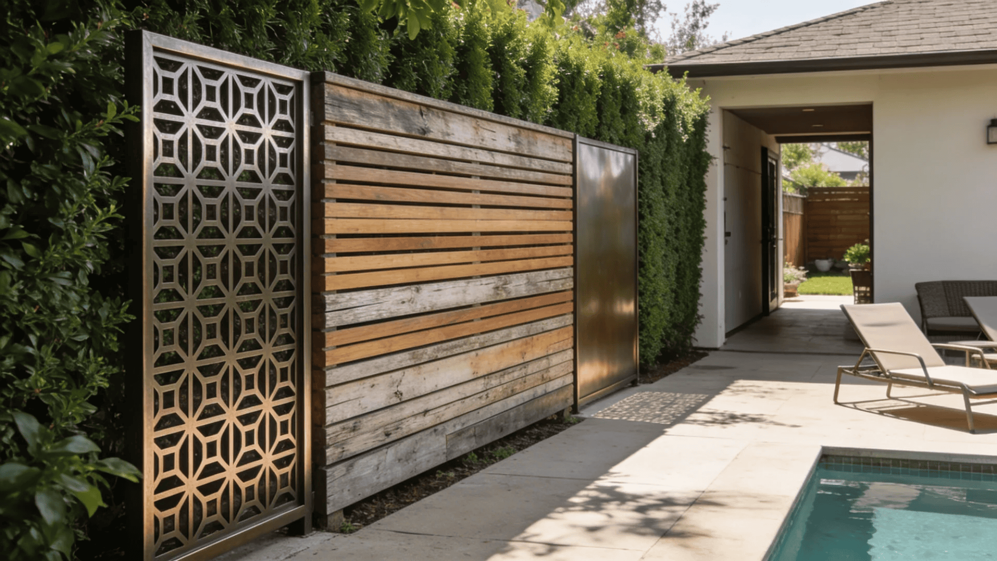 modern backyard with wood and metal fence near pool and lounge chair in bright daylight