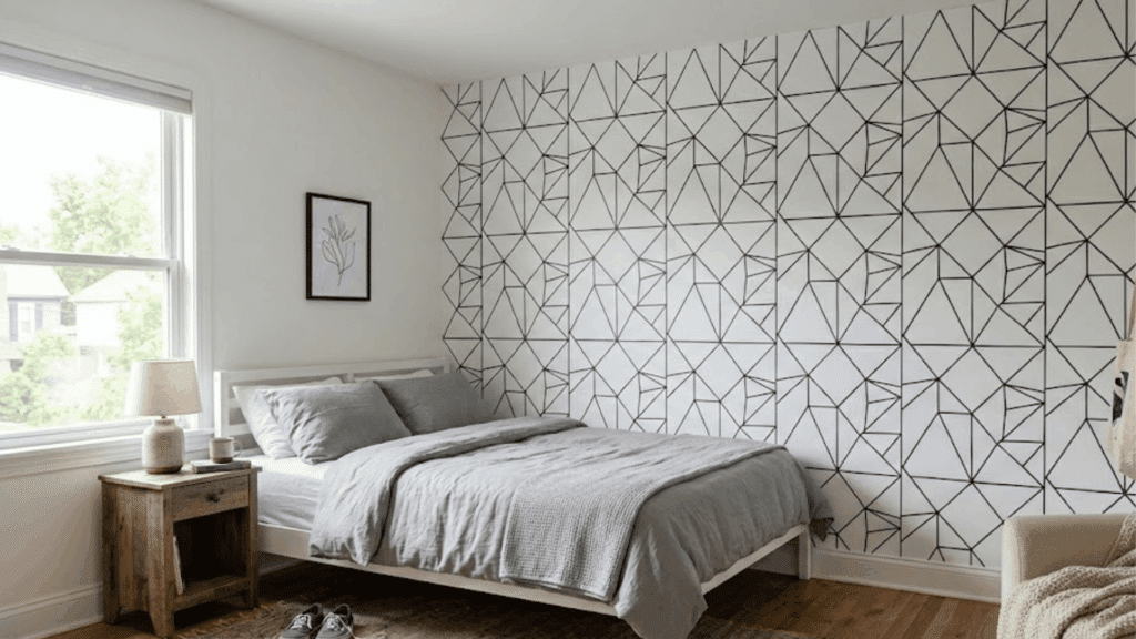 modern bedroom with abstract wall pattern neat bed and wooden table