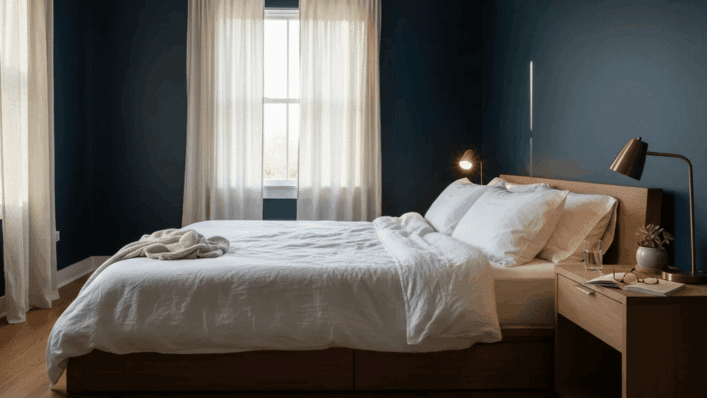 modern bedroom with dark blue walls white bed soft light and window