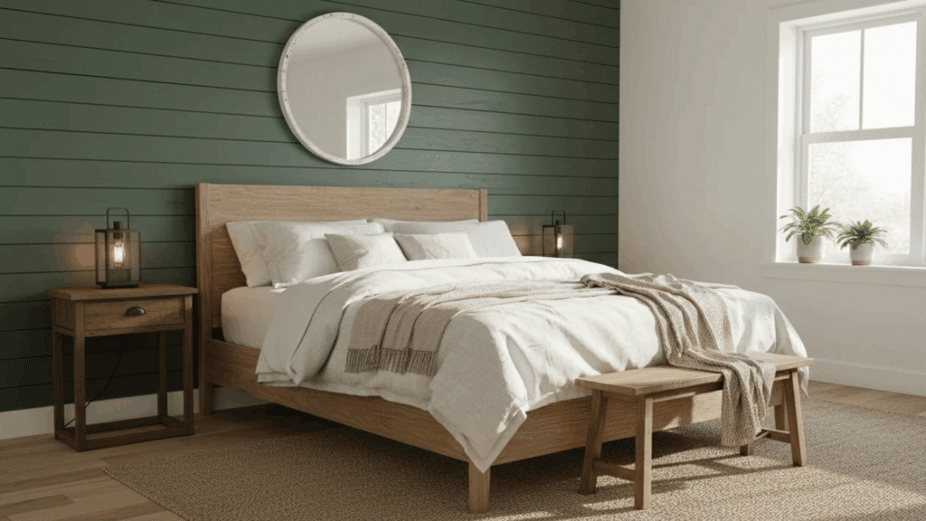 modern bedroom with green paneled wall wooden bed round mirror and bench at foot of bed