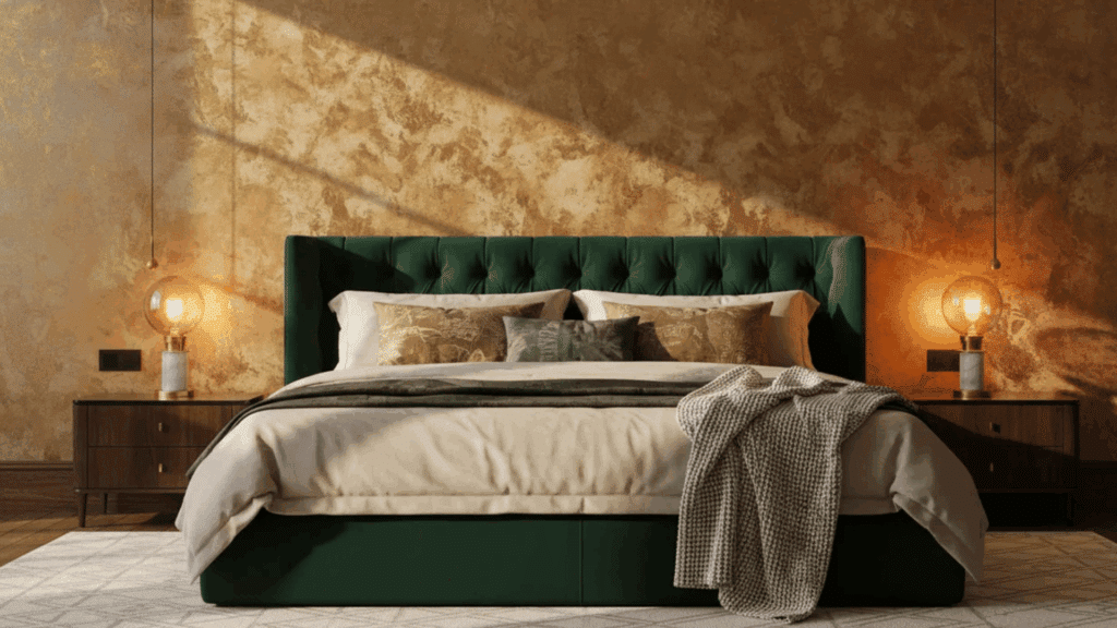 modern bedroom with green velvet bed warm textured wall pendant lights and wooden nightstands symmetrical layout