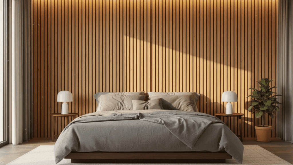 modern bedroom with vertical wood slats soft bed and matching lamps