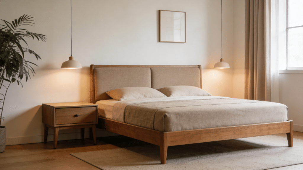 modern bedroom with wooden bed and matching nightstand