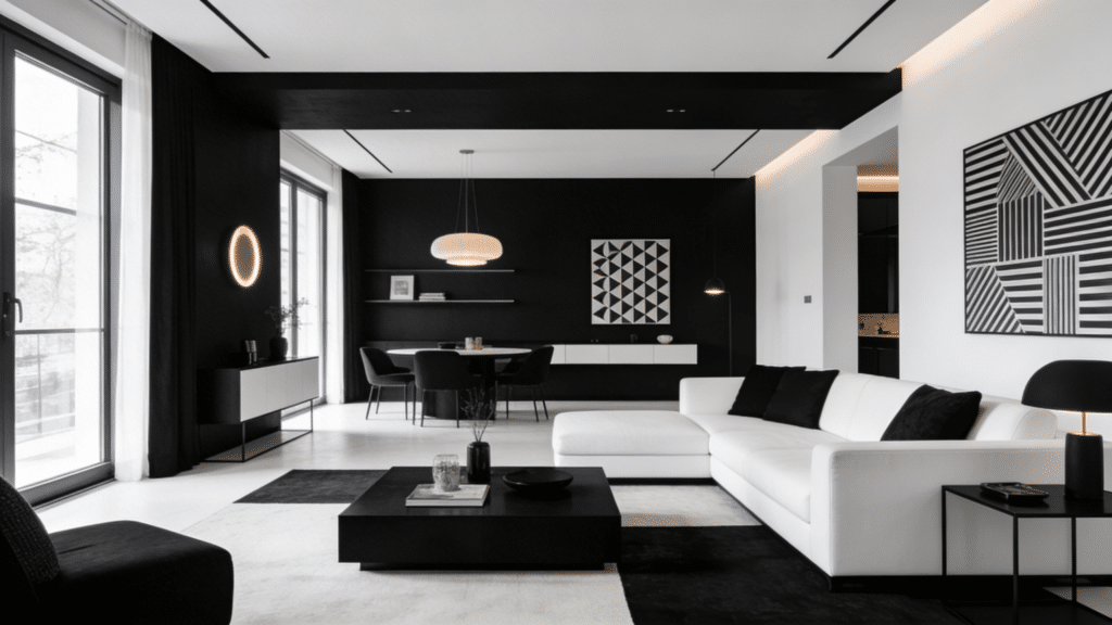 modern black and white living room with bold contrast sleek furniture minimal decor and clean lines with soft lighting