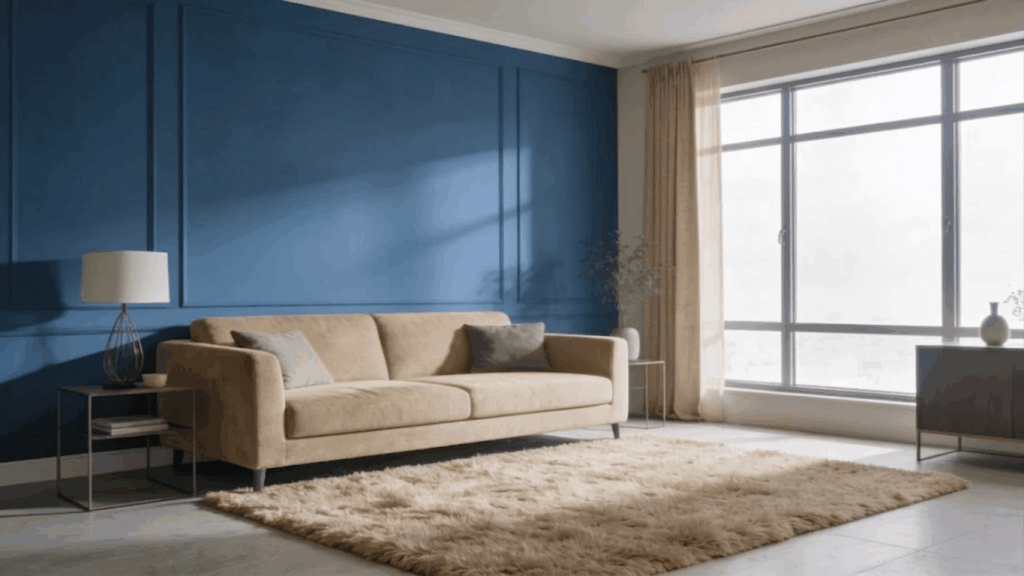 modern blue and beige living room with a gray sofa blue accent wall soft rug and bright natural light from large windows