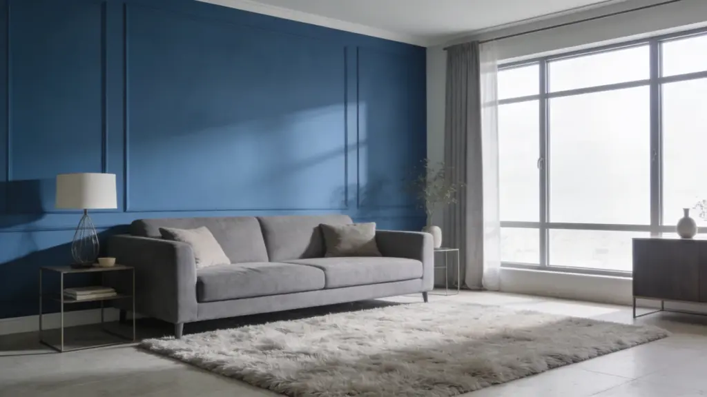 modern blue and gray living room with a gray sofa blue accent wall soft rug and bright natural light from large windows
