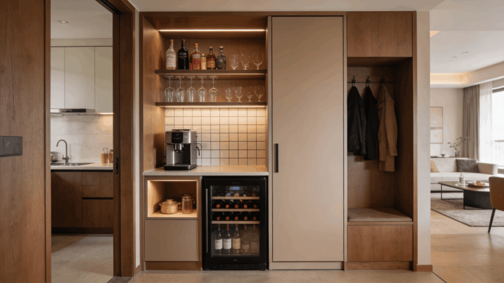 modern built in bar with wine fridge shelves and coat hooks creating stylish multifunctional entry space