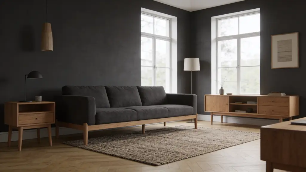 modern charcoal and wood living room with dark walls wooden furniture soft lighting and a warm cozy interior design style