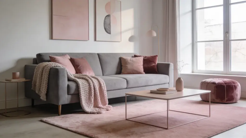 modern dusty pink and gray living room with soft textures cozy sofa blush accents and natural light creating a calm stylish space