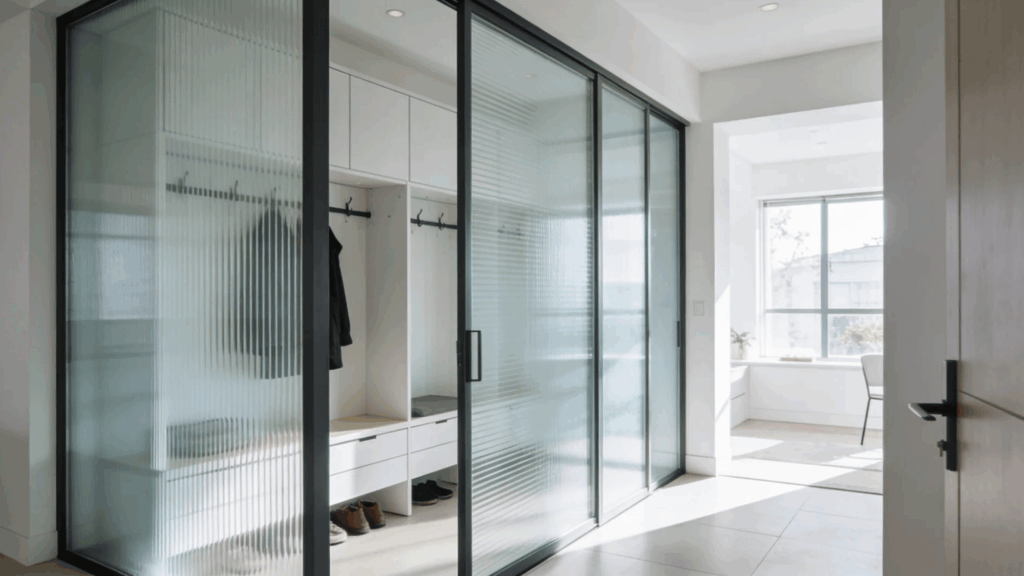 modern entry with glass sliding doors closet storage and natural light creating clean open transitional space