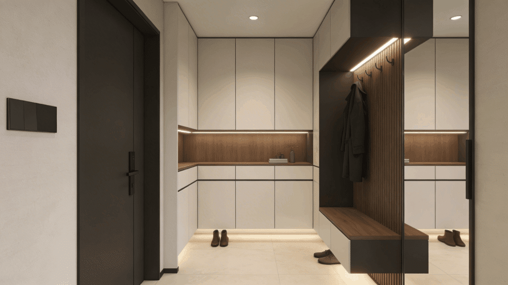 modern entryway with built in cabinets wooden bench coat hooks and soft lighting creating clean organized space