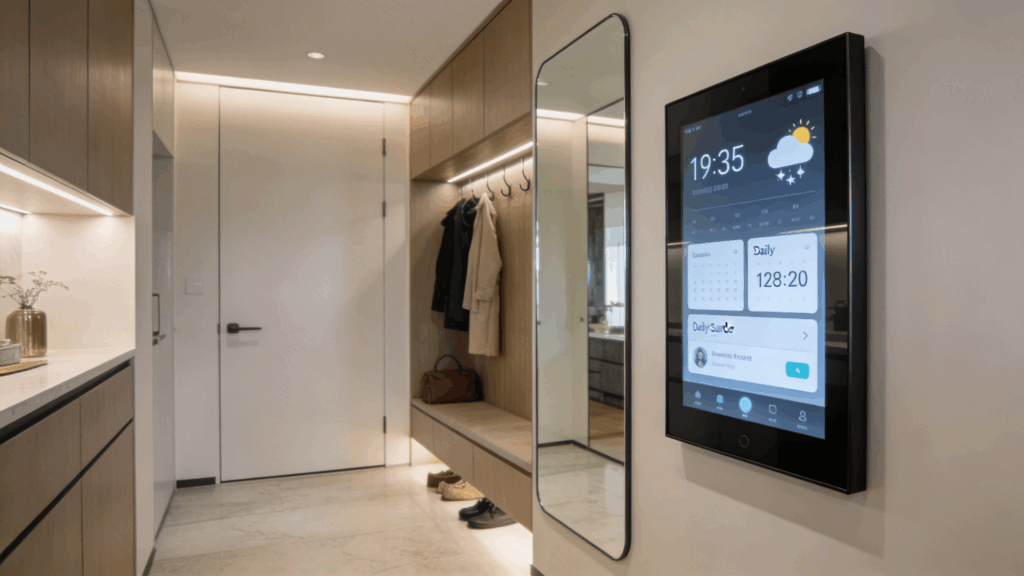 modern entryway with mirror bench hooks and smart control panel creating sleek functional organized space