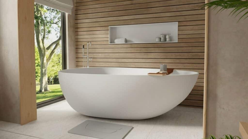 modern freestanding oval bathtub near large window with view of green trees wood paneled wall and simple accessories
