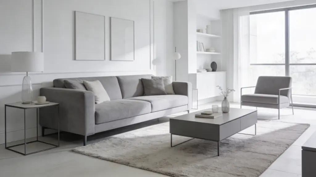 modern gray and white living room with sleek furniture soft textures natural light and a clean minimal interior design style