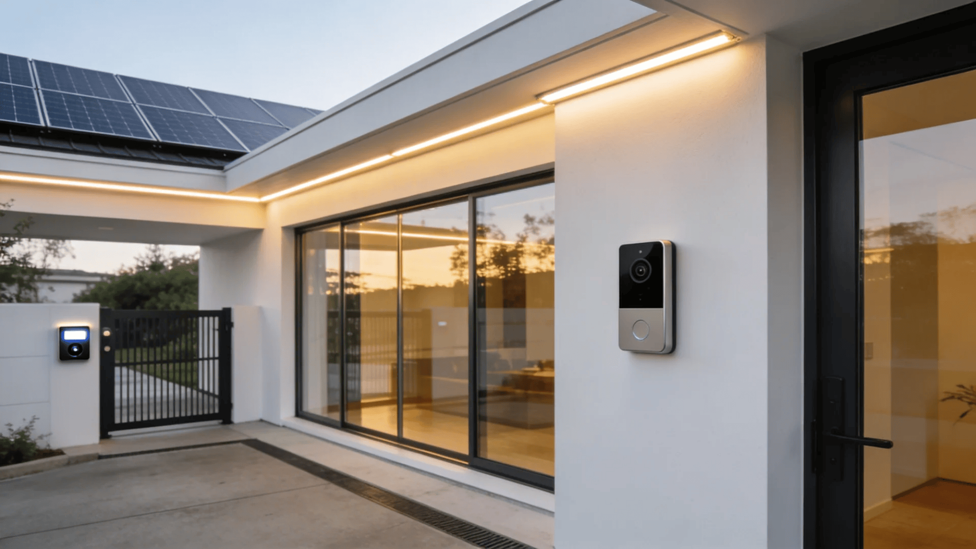 modern home exterior with glass doors lighting and smart doorbell near gated entrance