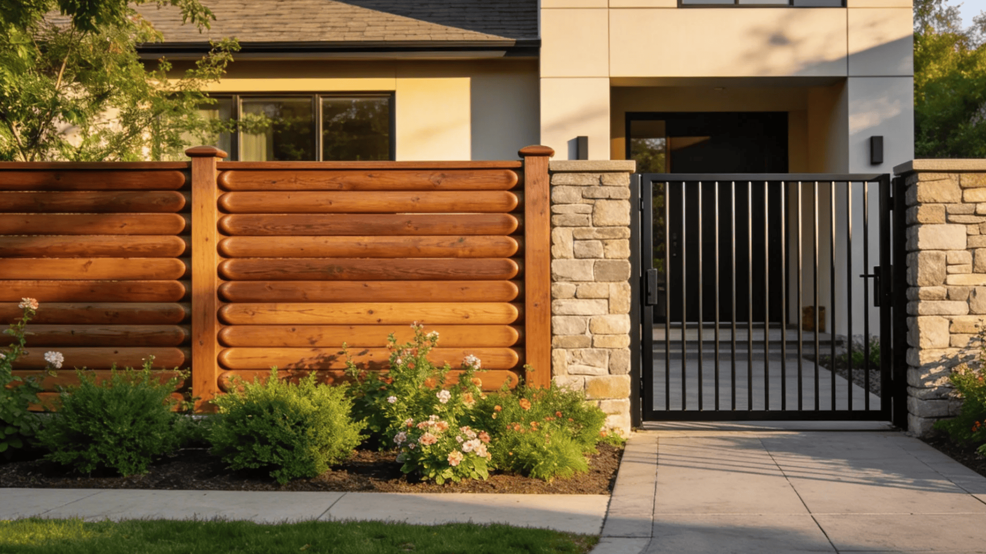 modern house entrance with wooden fence metal gate and landscaped garden in front yard