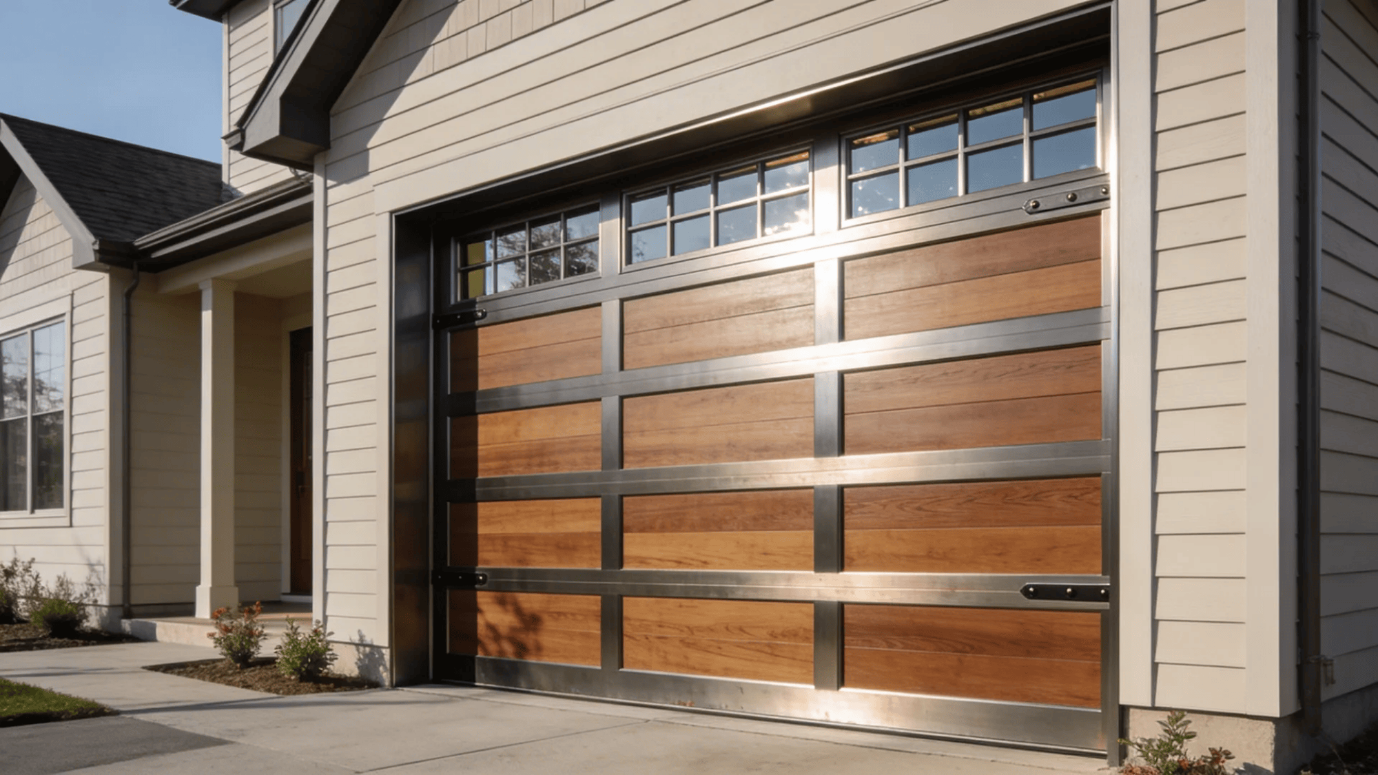 modern house garage door with wood panels and black metal frame under bright sunlight