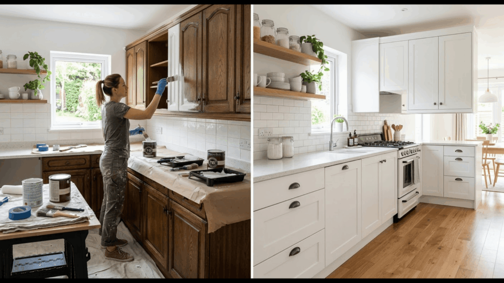 modern kitchen cabinets being painted indoors showing cost to paint kitchen cabinets process with tools and fresh finish