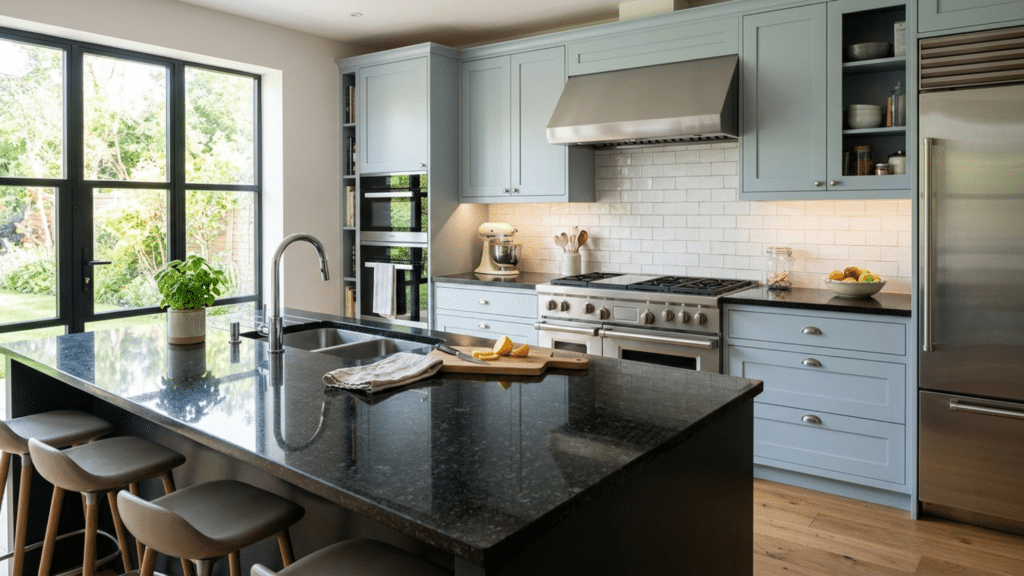 modern kitchen with shiny granite island showing results of how to polish granite countertops for a smooth finish