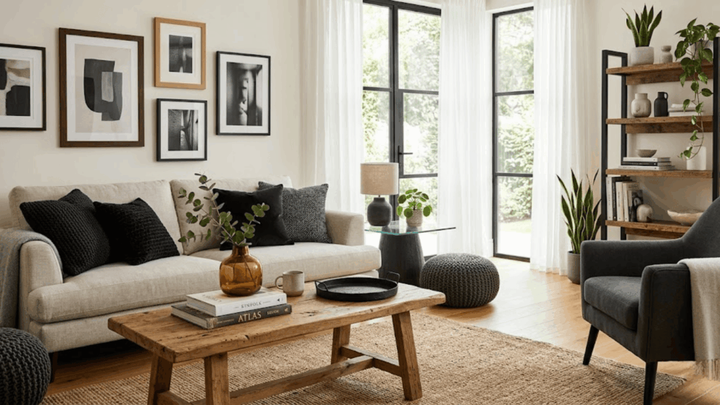 modern living room with sofa plants and art showing principles of interior design contrast balance