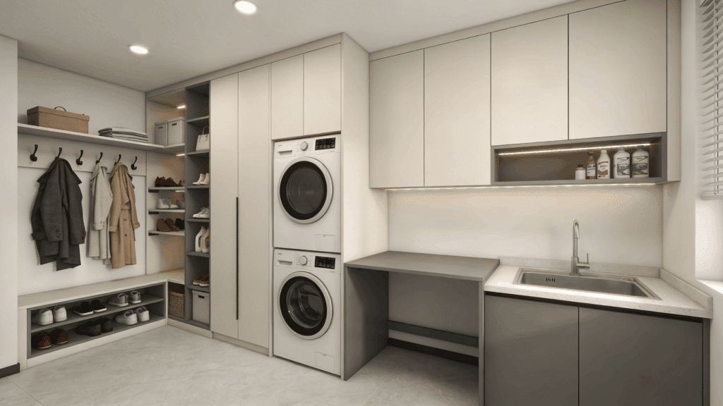 modern mudroom with washer dryer sink cabinets and open storage creating clean organized functional space