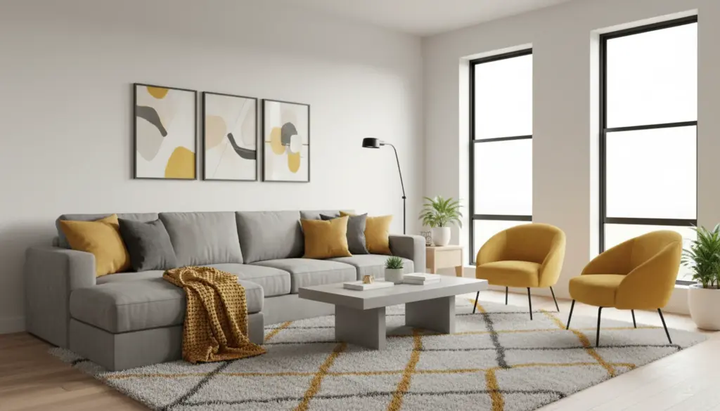 modern mustard yellow and gray living room with cozy sofa accent chairs soft textures and bright natural light creating a warm space