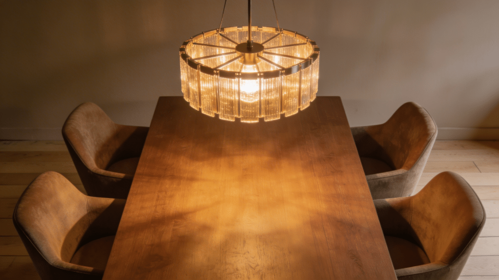 modern over dining table lighting ideas featuring round glass chandelier casting warm glow over wooden table
