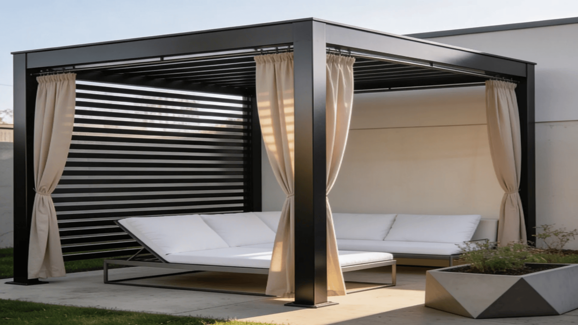 modern pergola with curtains and outdoor lounge seating on patio in backyard setting
