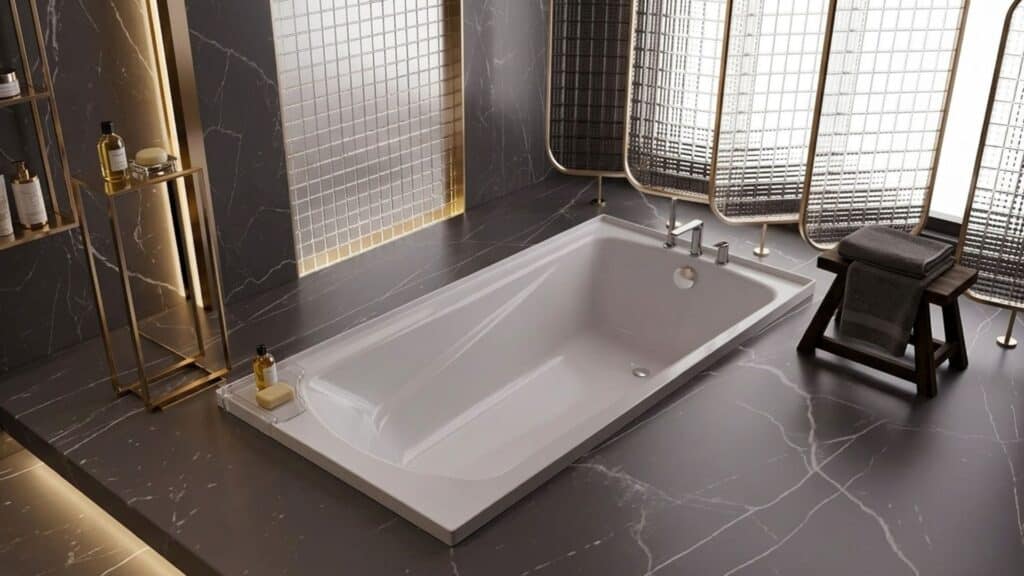 modern rectangular bathtub set into dark marble bathroom with warm lighting shelves bottles and wooden stool nearby