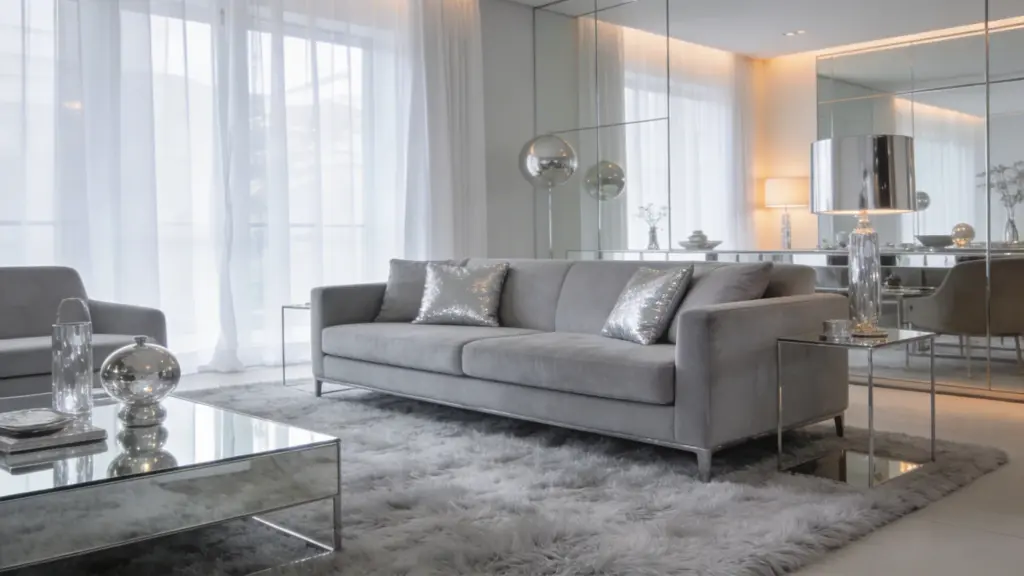 modern silver and gray living room with plush sofa mirrored decor soft rug metallic accents and bright elegant lighting