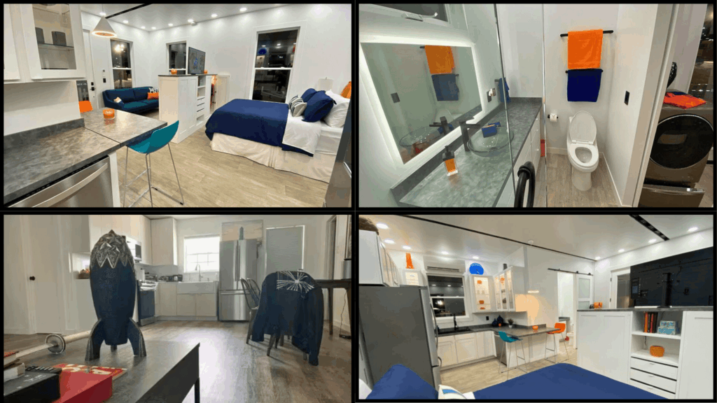 modern studio apartment with bed kitchen counter seating bright lighting and compact open layout design