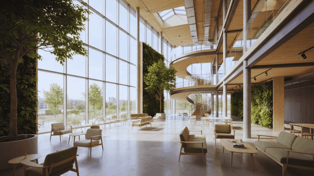 modern sustainable interior design building with natural light plants and open eco friendly space