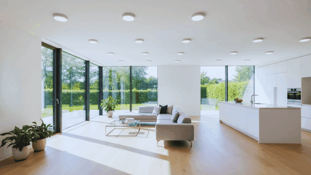 modern sustainable living room with natural light plants and minimal eco friendly design