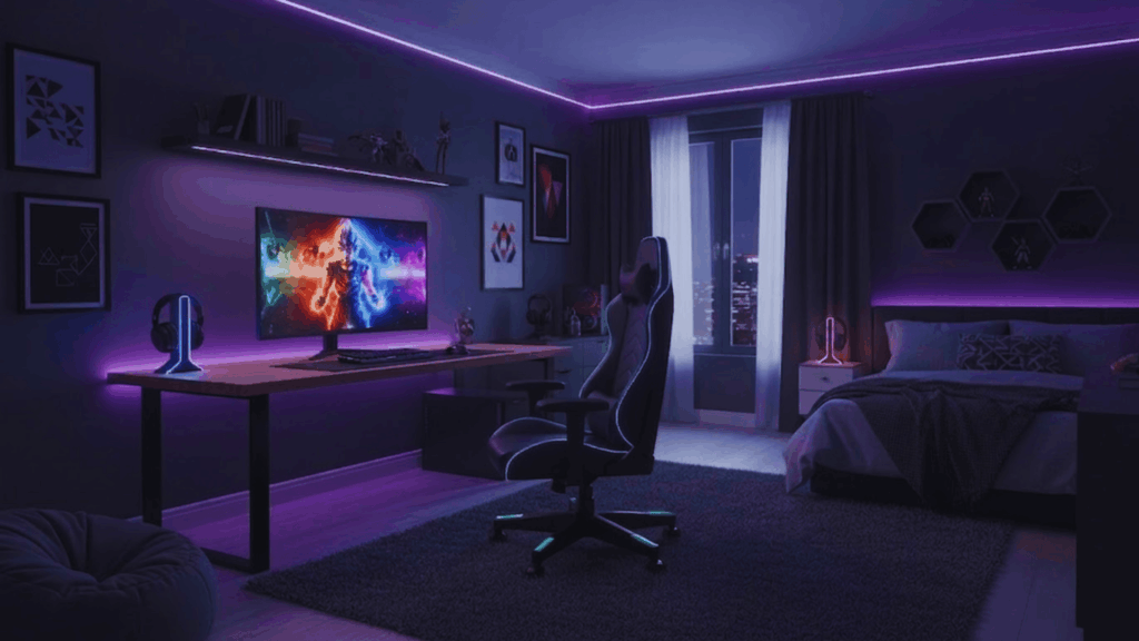 modern teen gaming bedroom with led lights desk setup and cozy bed