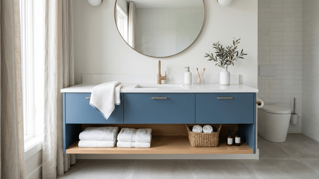 modern vanity showcasing painting bathroom cabinets in soft blue with white countertop round mirror and neatly styled decor