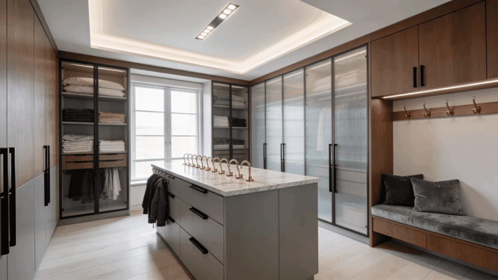45 Luxury Modern Mud Room Ideas for Your Space modern walk in closet with island storage shelves glass cabinets and soft lighting creating luxury space