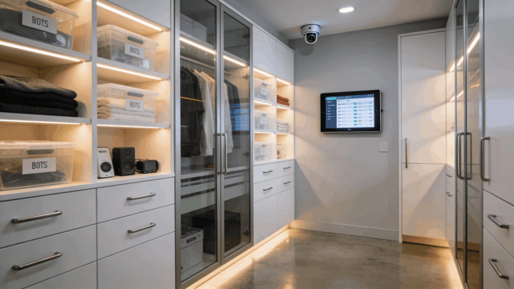 modern walk in closet with lit shelves labeled storage boxes glass cabinets and wall screen