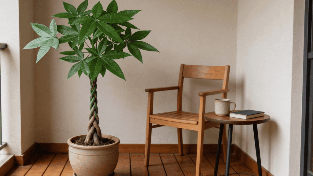 money tree plant with braided trunk in a pot on a wooden balcony beside a chair table cup and book