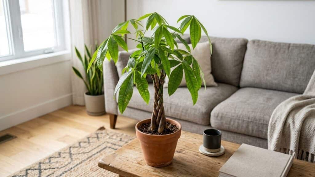 money tree with braided stem on table adding decorative and lucky indoor plant feature