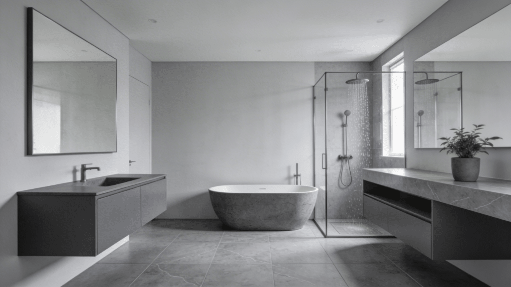 monochrome grey bathroom design with freestanding tub glass shower and minimal modern layout
