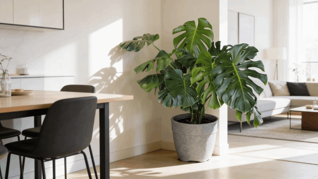 monstera deliciosa plant with large split green leaves in bright indoor living room natural light setup