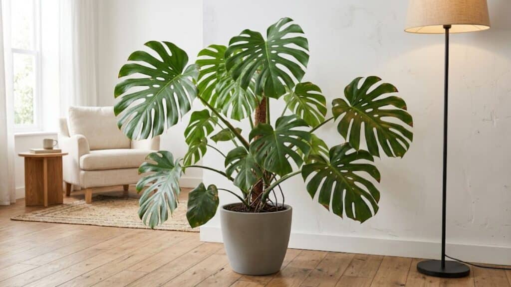 monstera deliciosa with split leaves in bright room creating tropical indoor plant feel