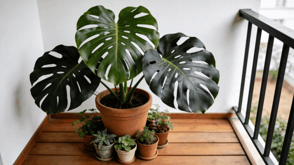 monstera plant with large split leaves in terracotta pot surrounded by small potted plants on wooden balcony floor